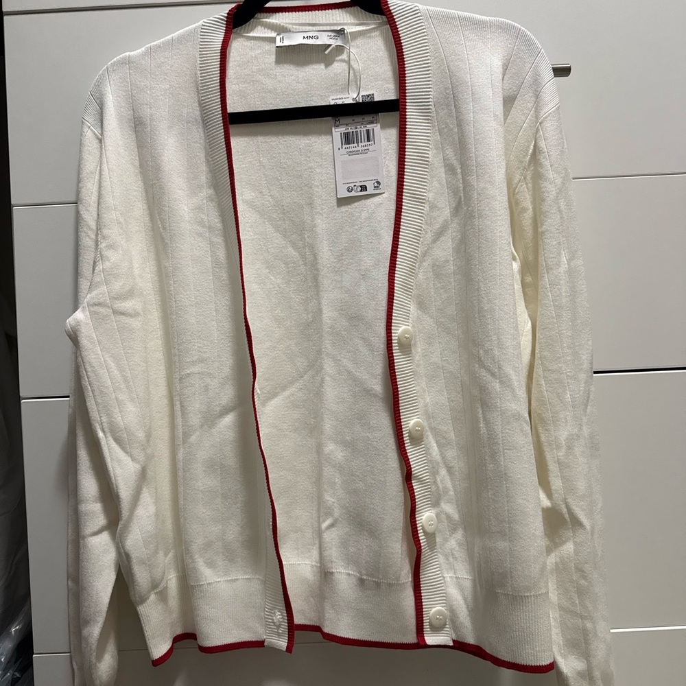 Mango White Cardigan with Red Trim